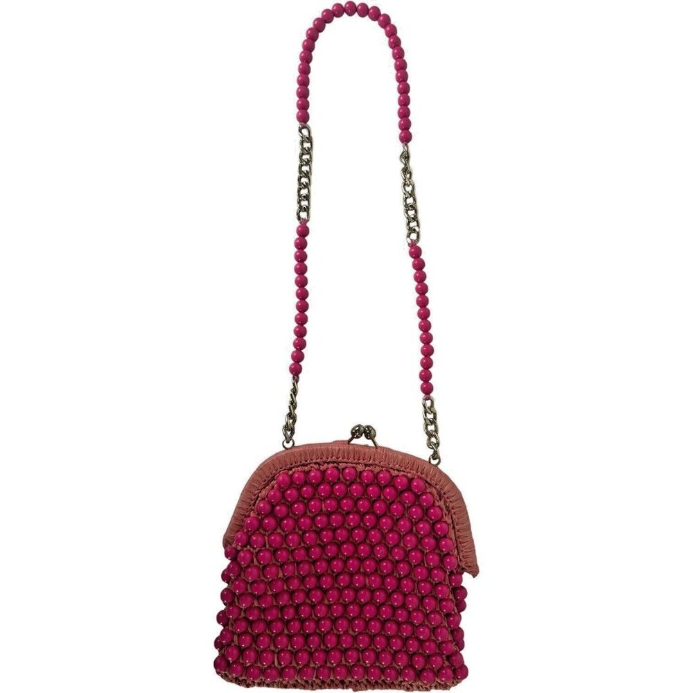LEWIS IMPORTS Evening Handbag Kiss Clasp FUN VINTAGE PINK Beads Gold Chain ITALY
